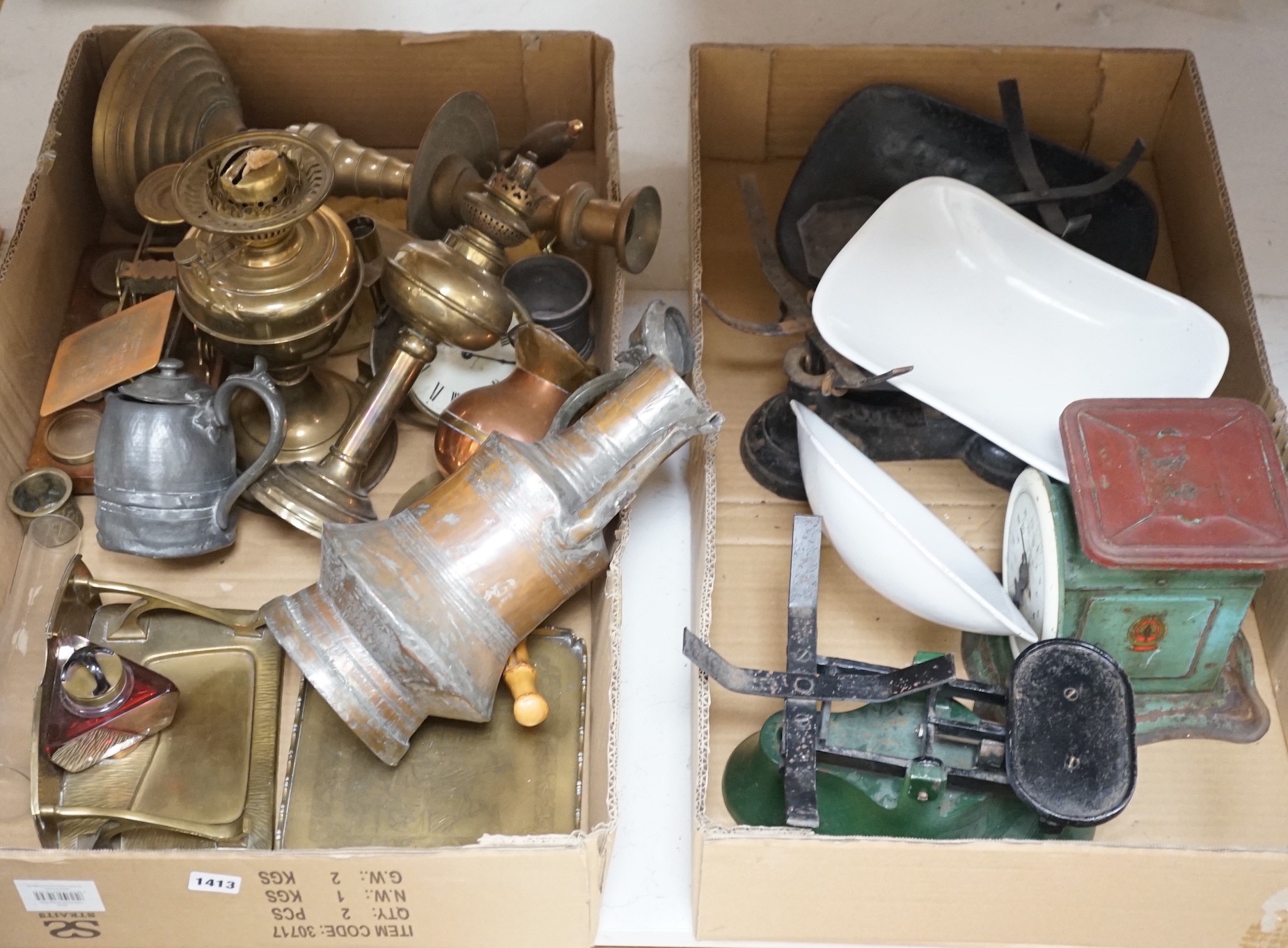 A selection of brass wares, to include an Art Nouveau style ink stand, a Parkins & Gotts postal scales, oil lamps, and other